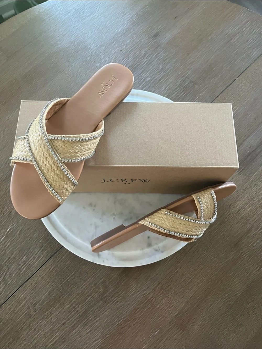 J. Crew Tan Raffia Crisscross Slide Sandals with Crystal Embellishments